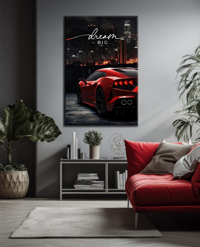 A red sports car in front of a city skyline