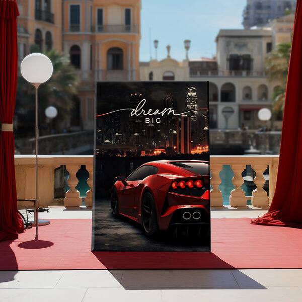A red sports car in front of a city skyline