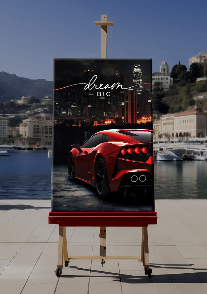 A red sports car in front of a city skyline