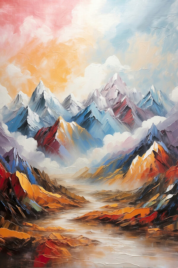 A painting of mountains and clouds
