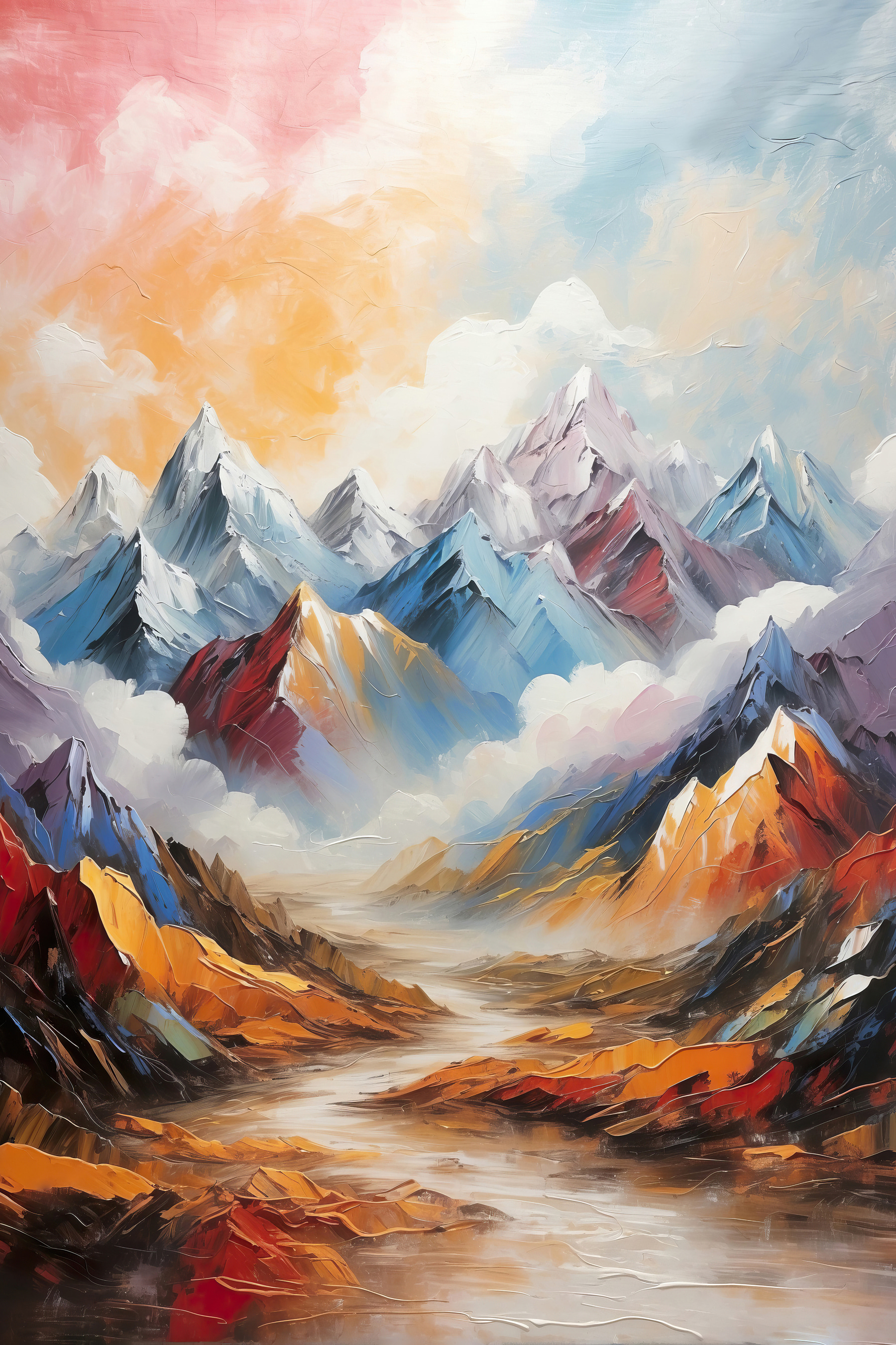 A painting of mountains and clouds
