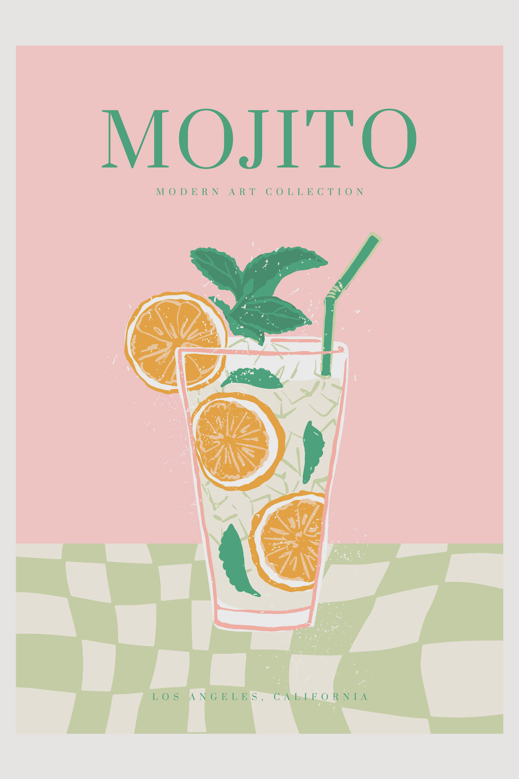 A poster of a drink with oranges and mint leaves