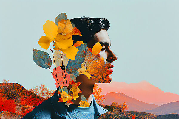 A man with leaves and a blue shirt A man with leaves and a blue shirt