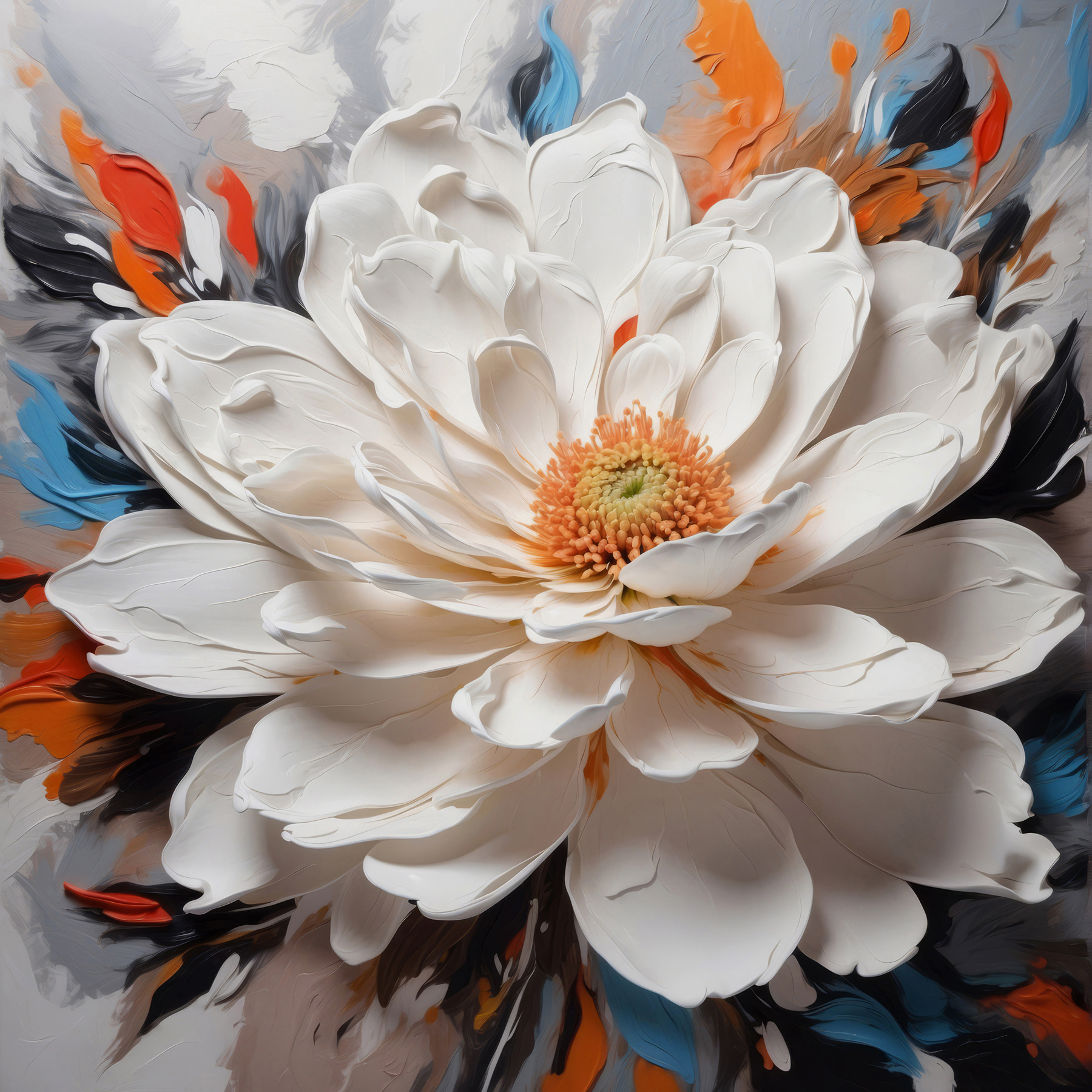 A white flower with orange center