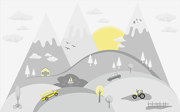 Una caricatura de coches y camiones en una colina Una caricatura de coches y camiones en una colina