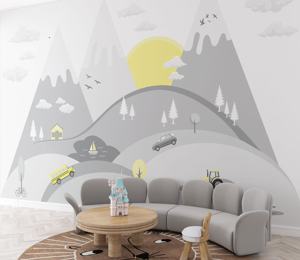 A cartoon of cars and trucks on a hill