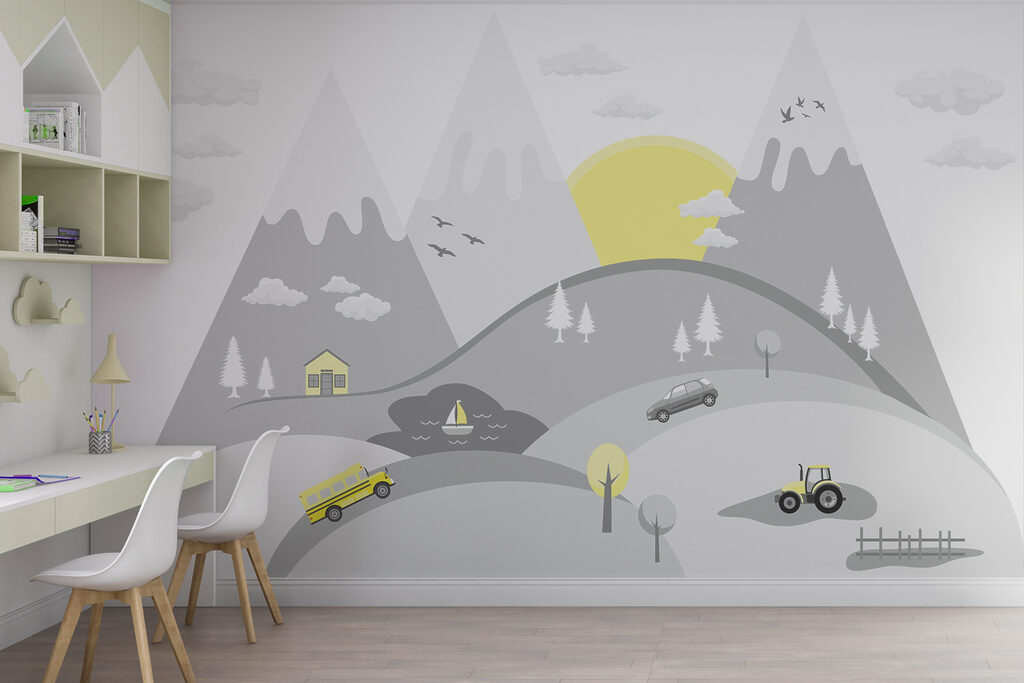 A cartoon of cars and trucks on a hill