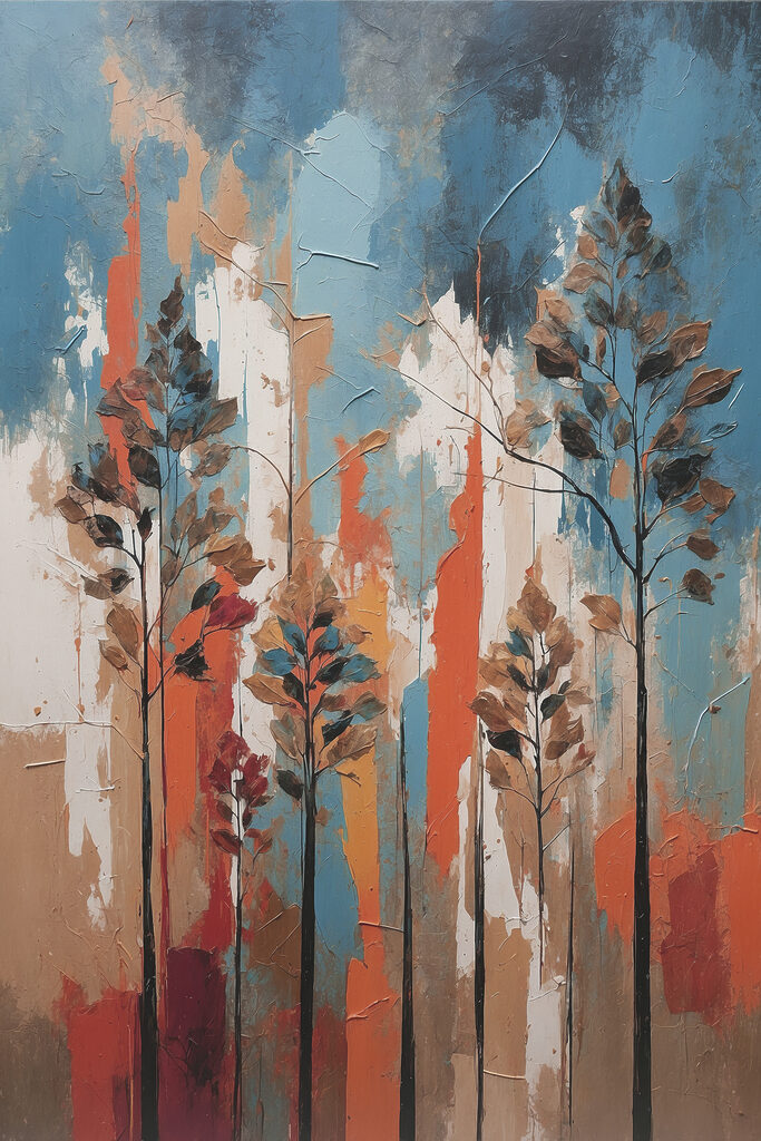 A painting of trees with orange and blue stripes A painting of trees with orange and blue stripes