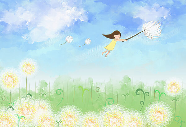 Una niña volando sobre un diente de león Una niña volando sobre un diente de león