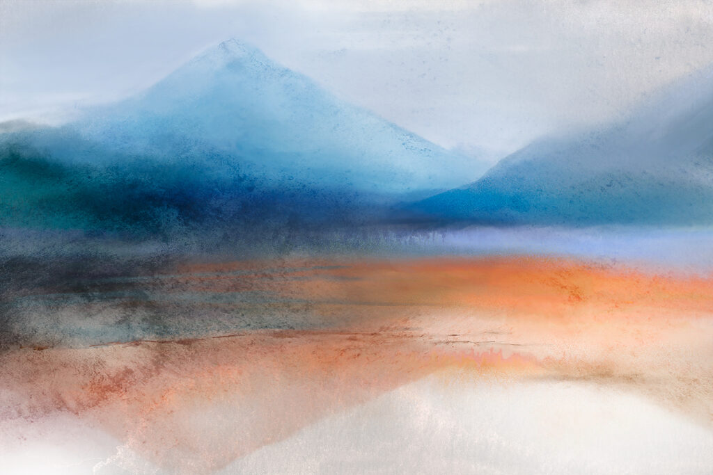 A watercolor painting of mountains and sand