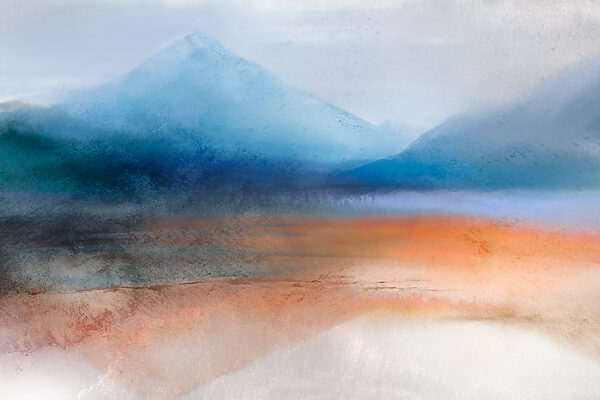 A watercolor painting of mountains and sand