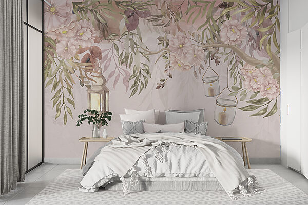 Un cuadro de un árbol con flores y farolillos Un cuadro de un árbol con flores y farolillos