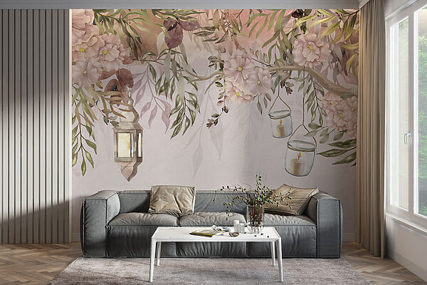 Un cuadro de un árbol con flores y farolillos Un cuadro de un árbol con flores y farolillos