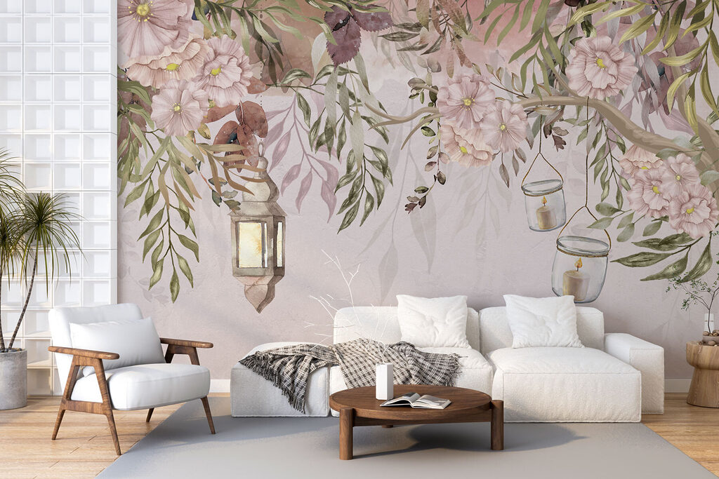 A painting of a tree with flowers and lanterns