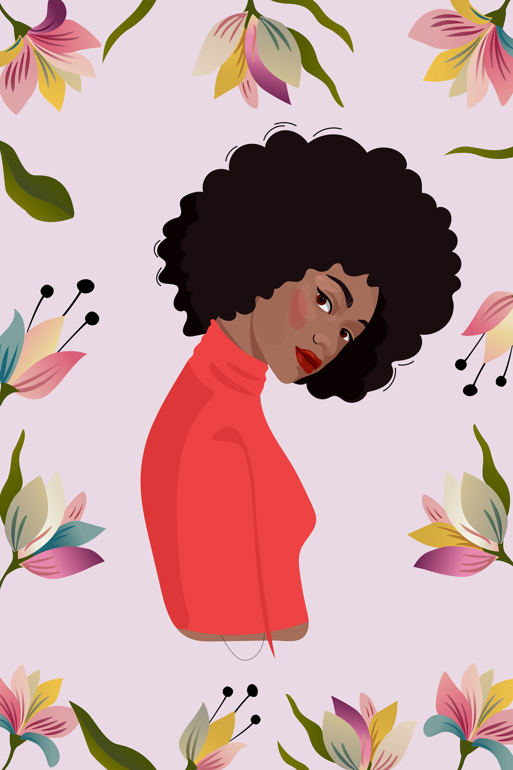 A woman with curly hair and flowers
