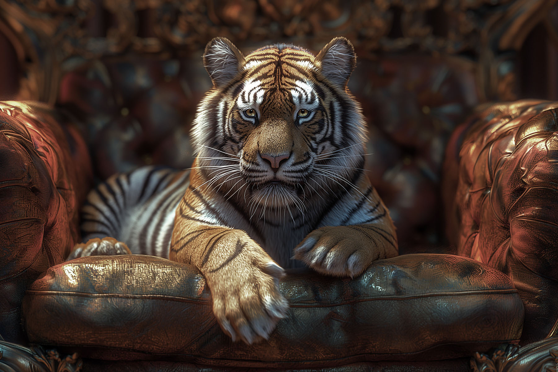 A tiger lying on a leather chair