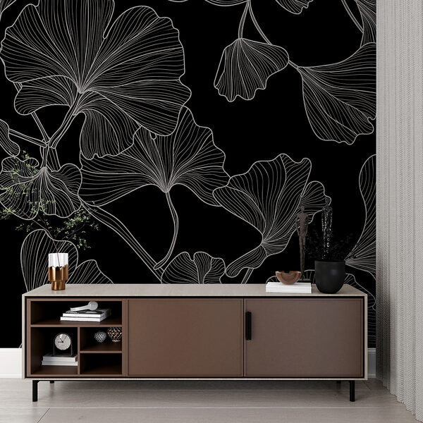 Un estampado de hojas en blanco y negro Un estampado de hojas en blanco y negro