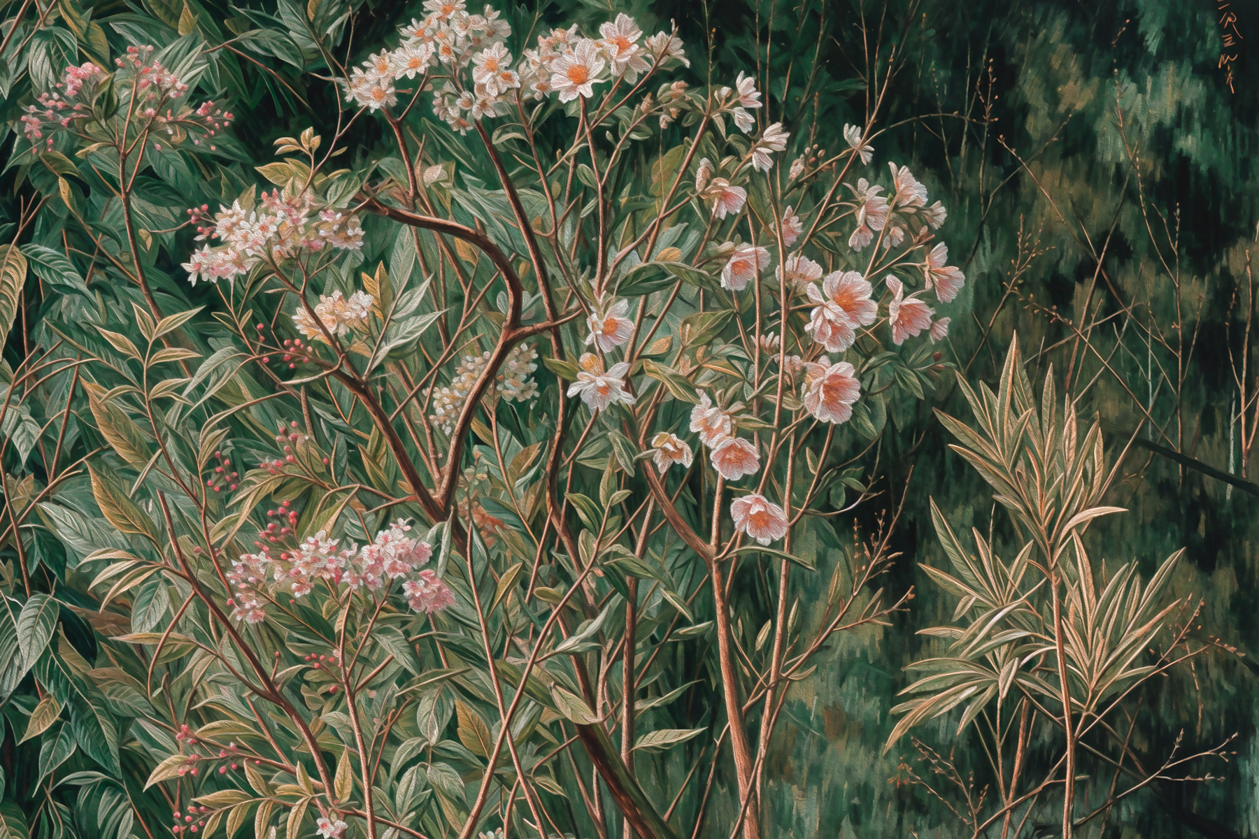A painting of a bush with flowers