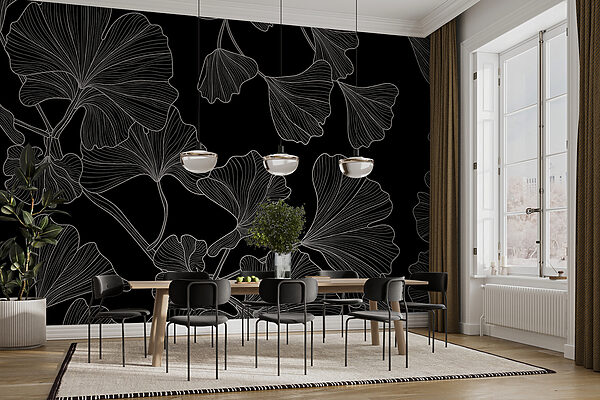 Un estampado de hojas en blanco y negro Un estampado de hojas en blanco y negro