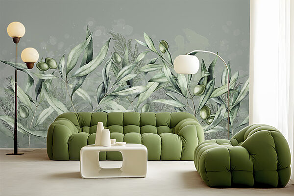 A painting of green leaves and olives