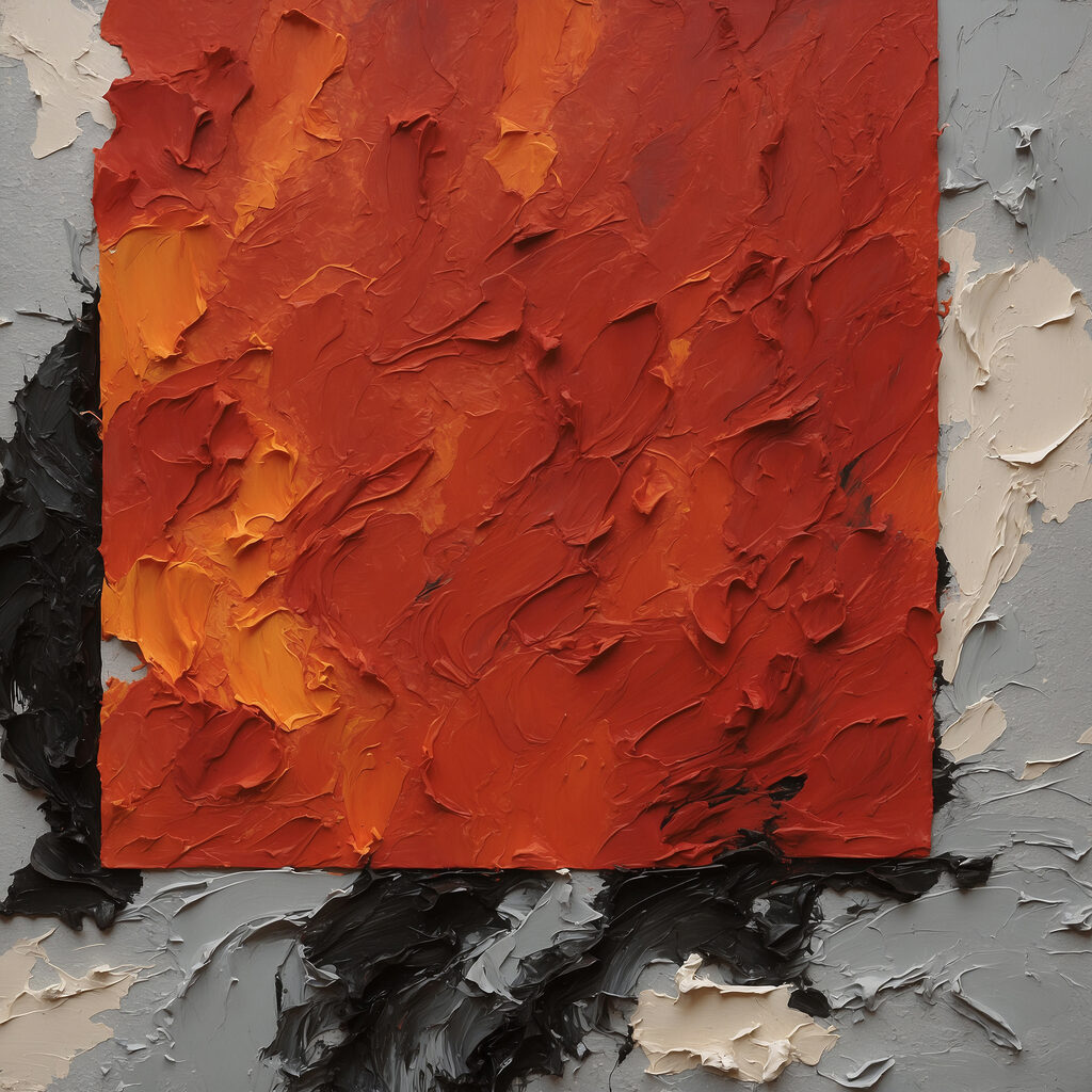 A painting of a red square with black and white paint A painting of a red square with black and white paint
