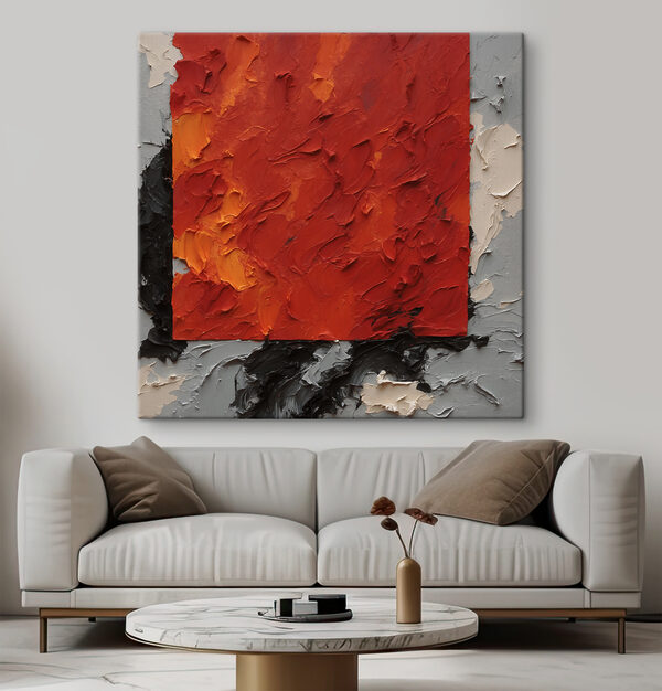 A painting of a red square with black and white paint A painting of a red square with black and white paint