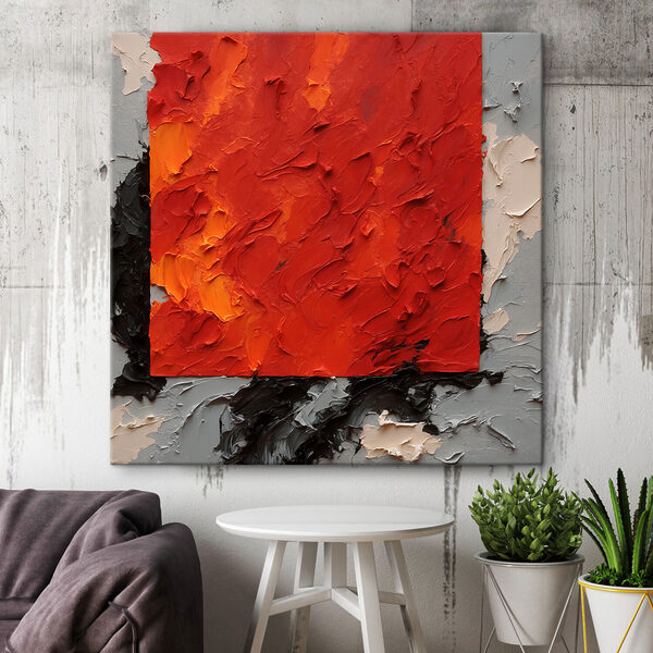 A painting of a red square with black and white paint A painting of a red square with black and white paint