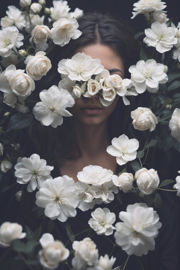 A woman hiding her face behind white flowers A woman hiding her face behind white flowers