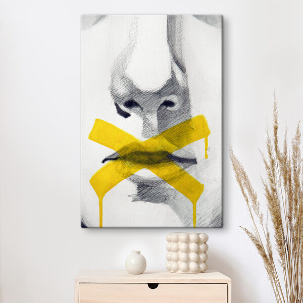 A drawing of a person's face with a yellow tape A drawing of a person's face with a yellow tape