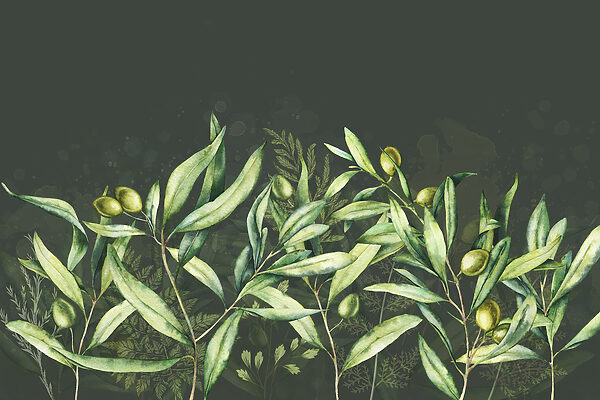 Un cuadro de hojas verdes y frutas Un cuadro de hojas verdes y frutas