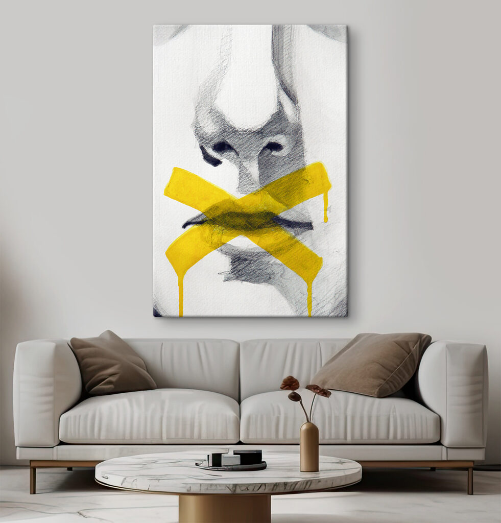 A drawing of a person's face with a yellow tape A drawing of a person's face with a yellow tape