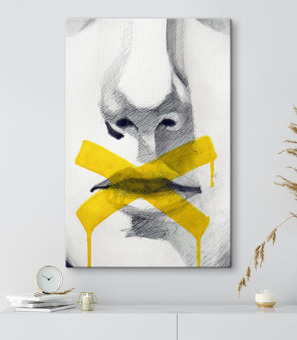 A drawing of a person's face with a yellow tape A drawing of a person's face with a yellow tape