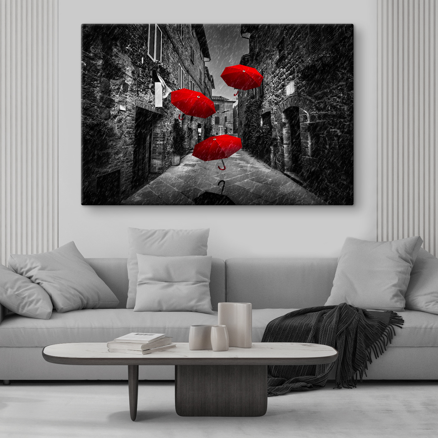 A group of red umbrellas flying in the air