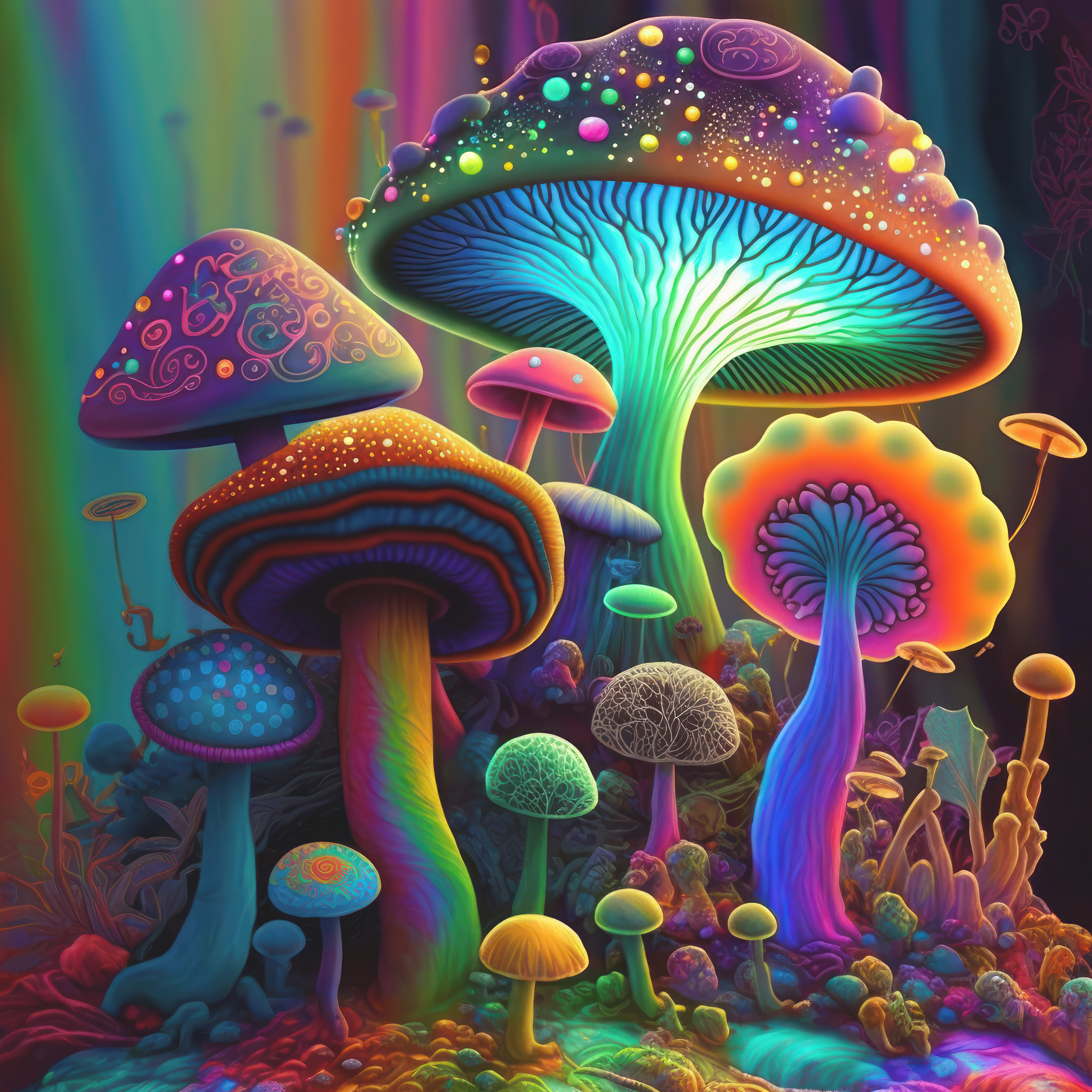 A group of colorful mushrooms A group of colorful mushrooms