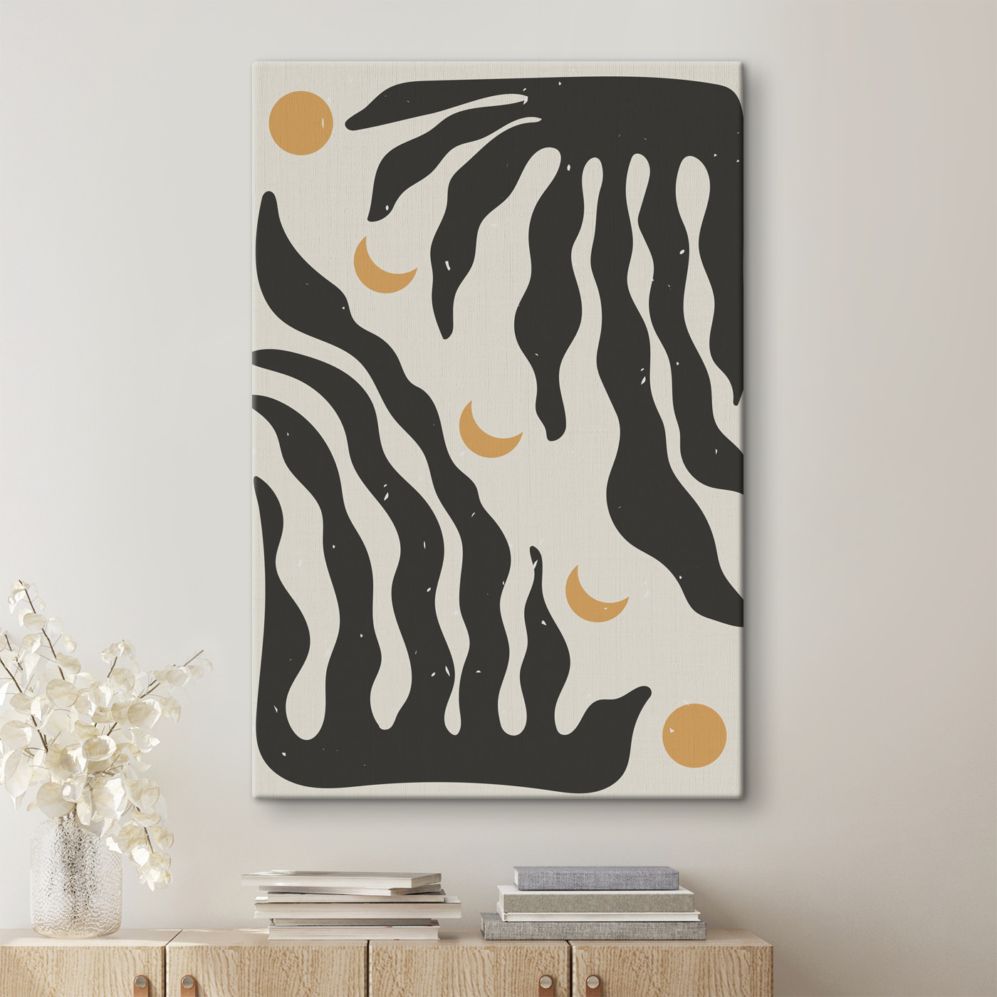 A black and white pattern with a moon A black and white pattern with a moon