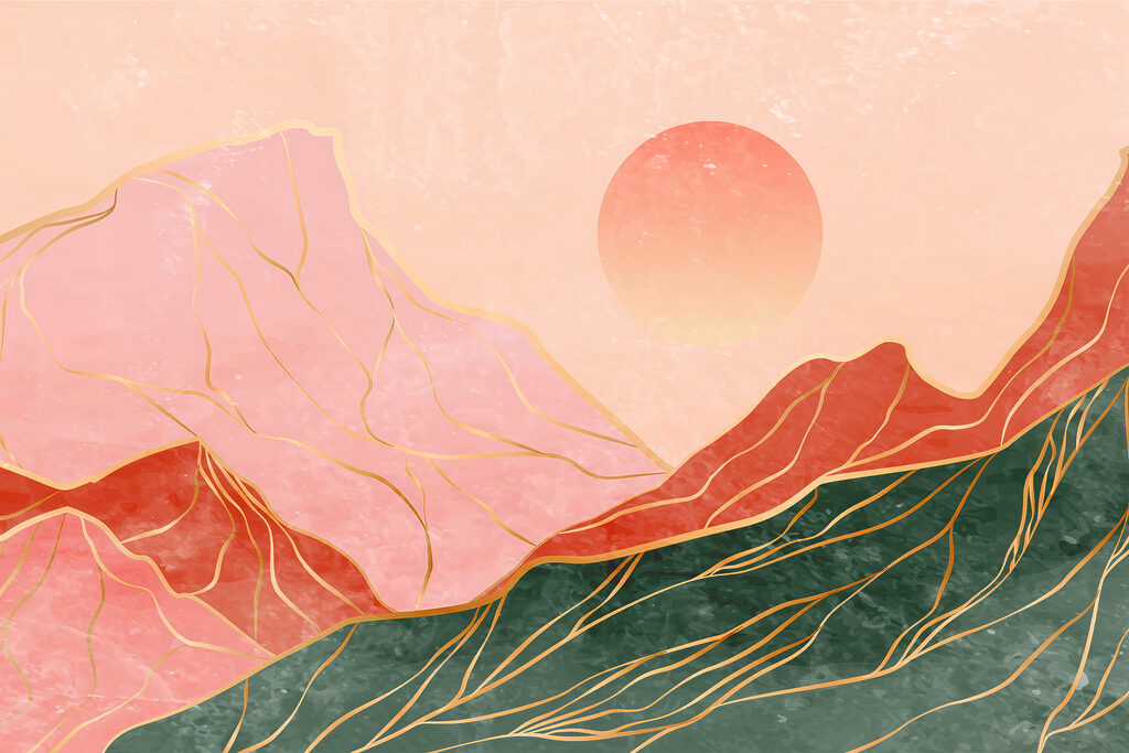 A painting of mountains and sun A painting of mountains and sun