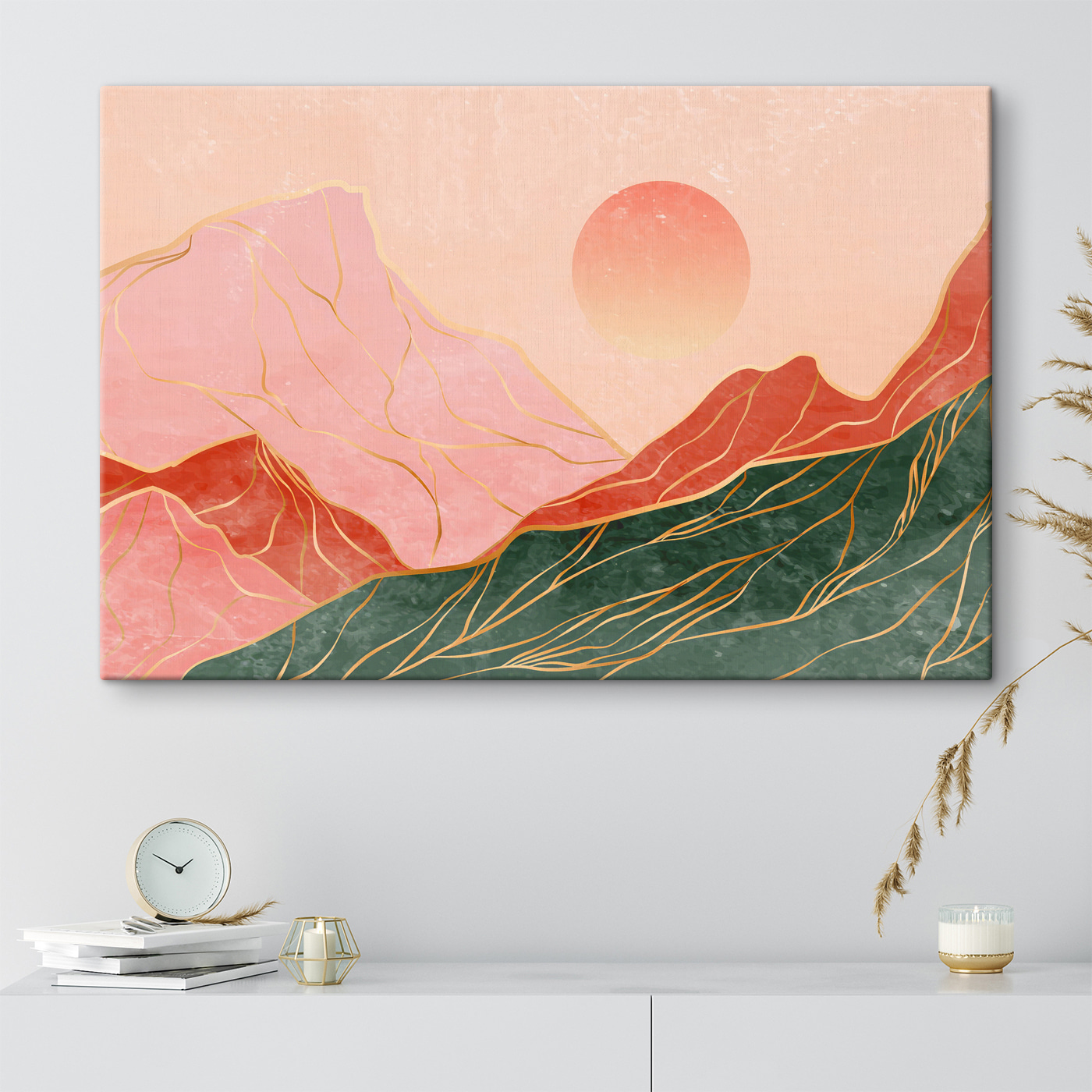 A painting of mountains and sun A painting of mountains and sun