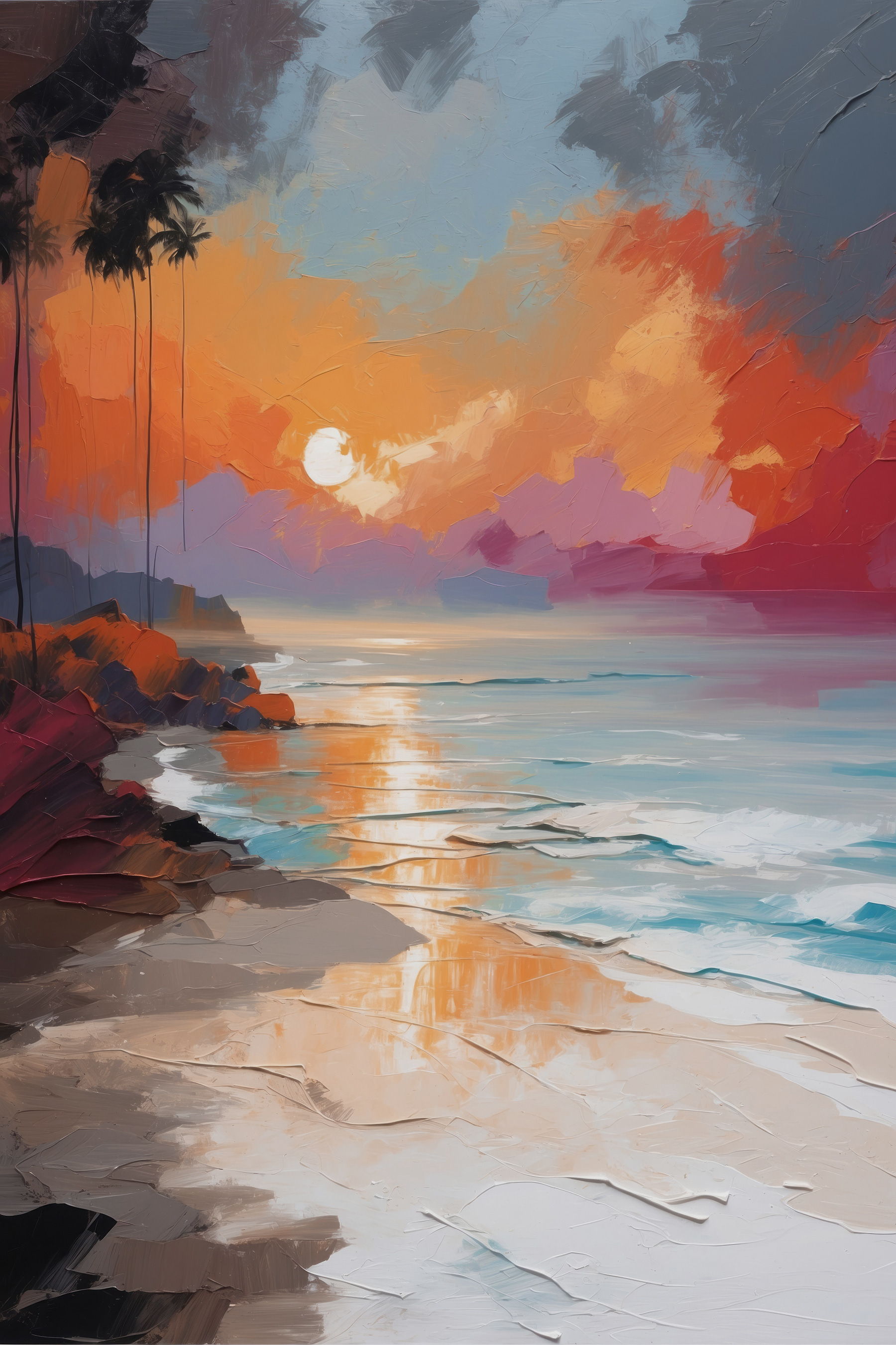 A painting of a beach with palm trees and a sunset A painting of a beach with palm trees and a sunset