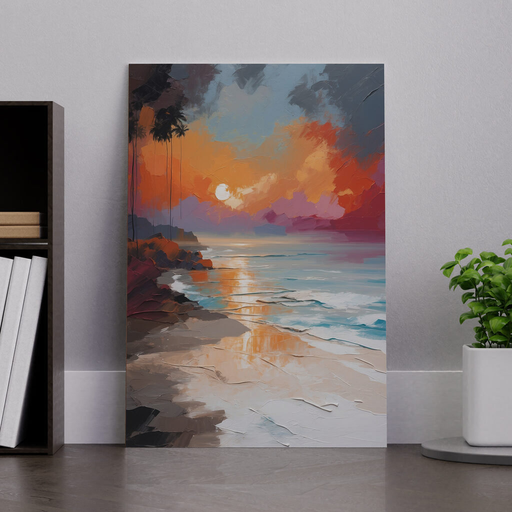 A painting of a beach with palm trees and a sunset A painting of a beach with palm trees and a sunset