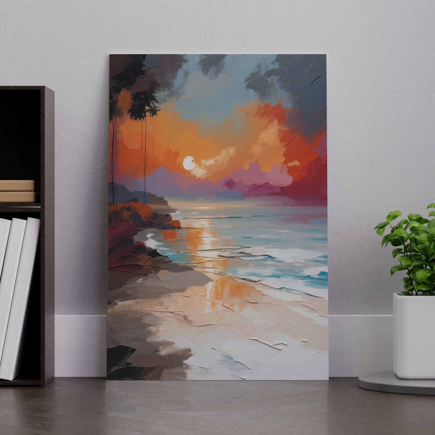 A painting of a beach with palm trees and a sunset A painting of a beach with palm trees and a sunset