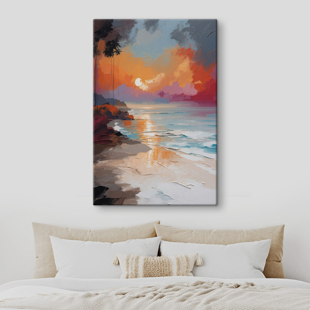 A painting of a beach with palm trees and a sunset A painting of a beach with palm trees and a sunset