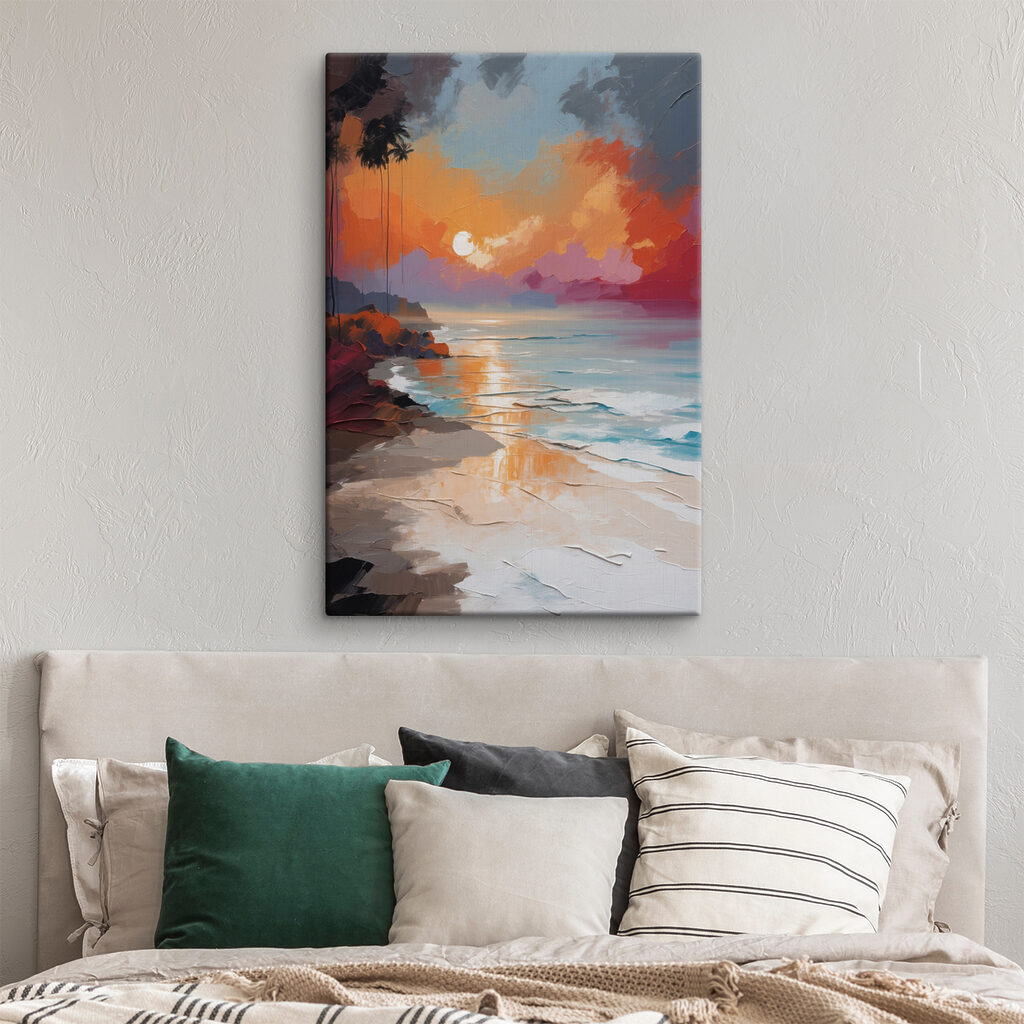 A painting of a beach with palm trees and a sunset A painting of a beach with palm trees and a sunset
