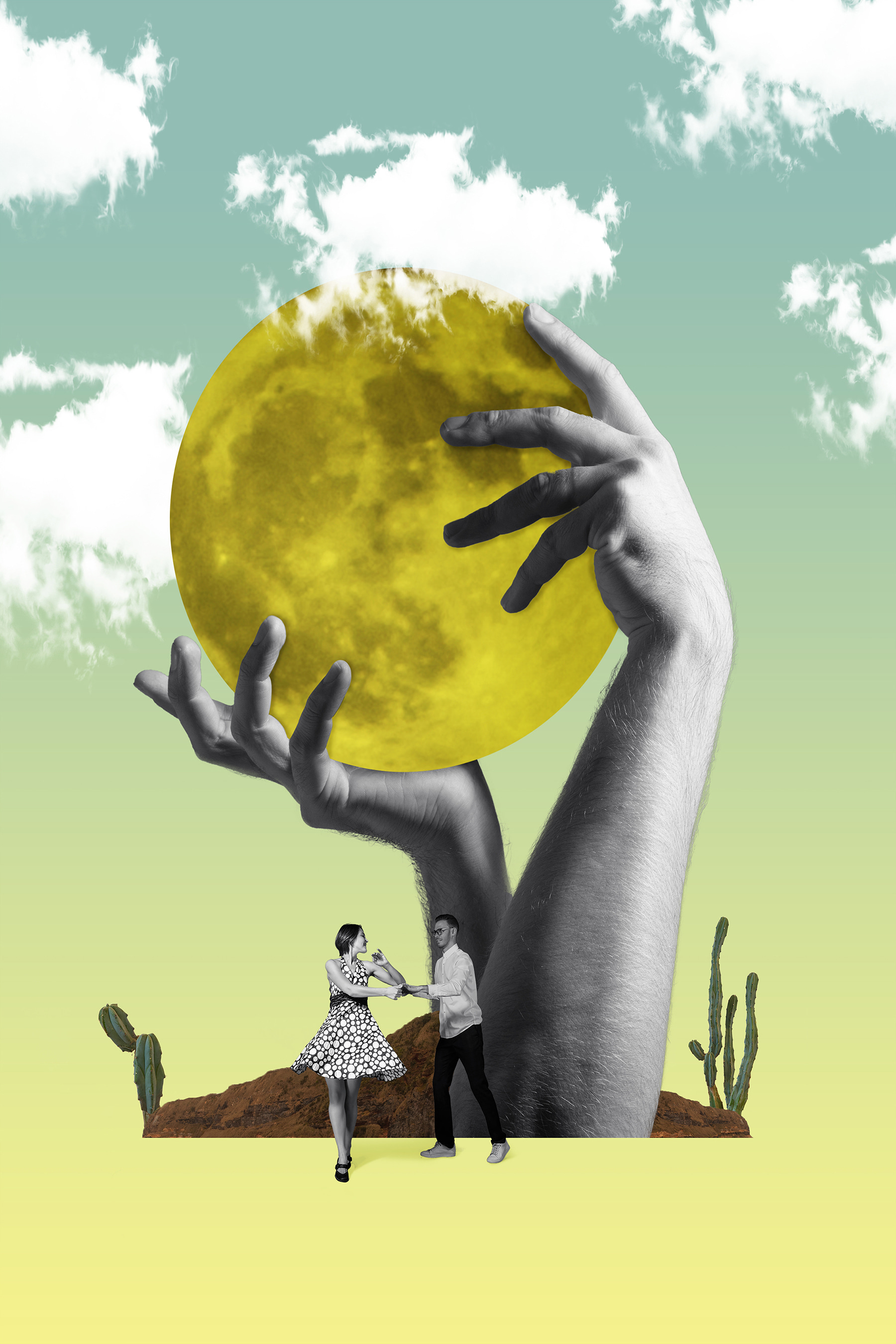 A man and woman holding a yellow moon A man and woman holding a yellow moon