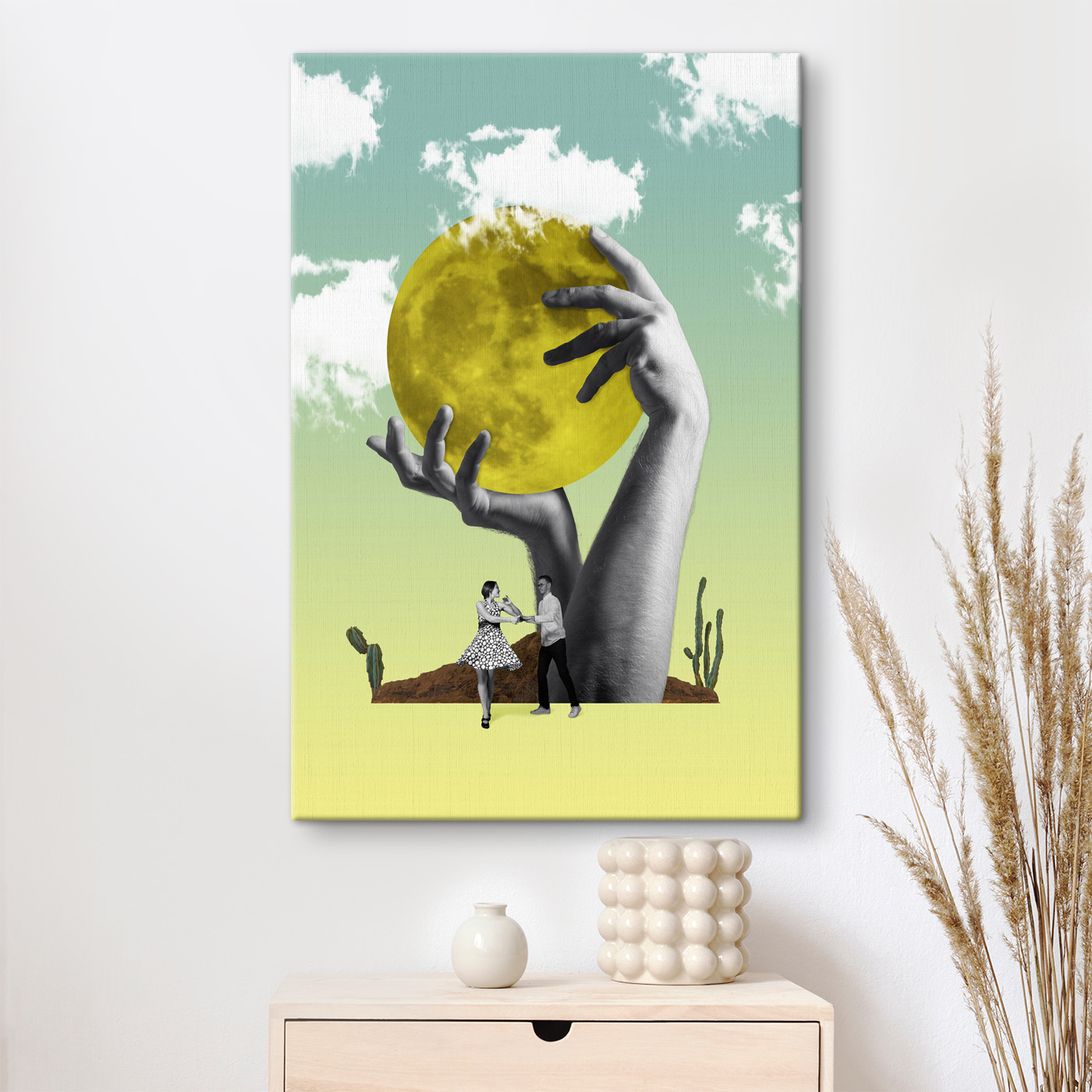A man and woman holding a yellow moon A man and woman holding a yellow moon