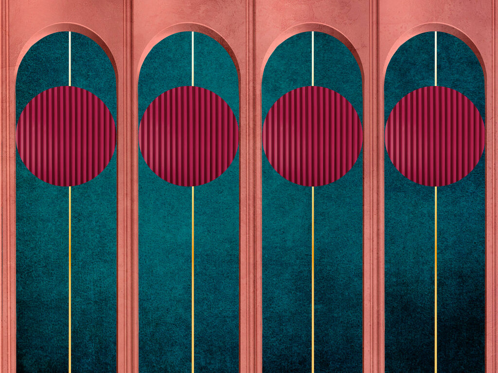Una pared con círculos rojos y paredes azules y verdes Una pared con círculos rojos y paredes azules y verdes