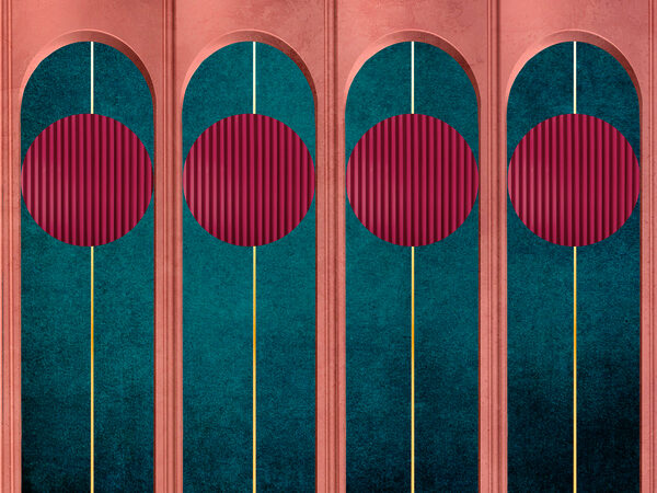 Una pared con círculos rojos y paredes azules y verdes Una pared con círculos rojos y paredes azules y verdes