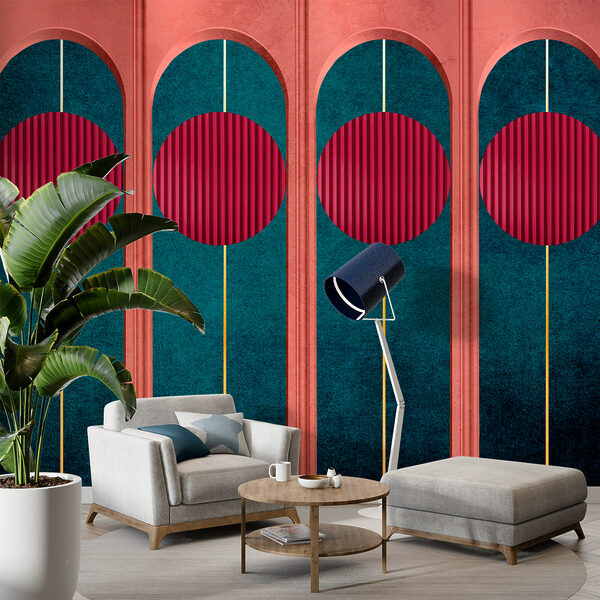Una pared con círculos rojos y paredes azules y verdes Una pared con círculos rojos y paredes azules y verdes