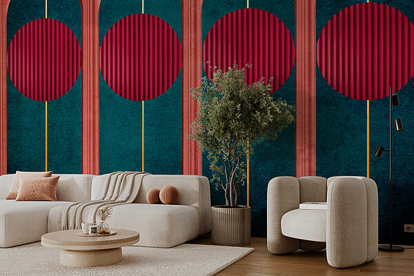 Una pared con círculos rojos y paredes azules y verdes Una pared con círculos rojos y paredes azules y verdes