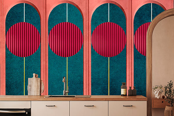 Una pared con círculos rojos y paredes azules y verdes Una pared con círculos rojos y paredes azules y verdes