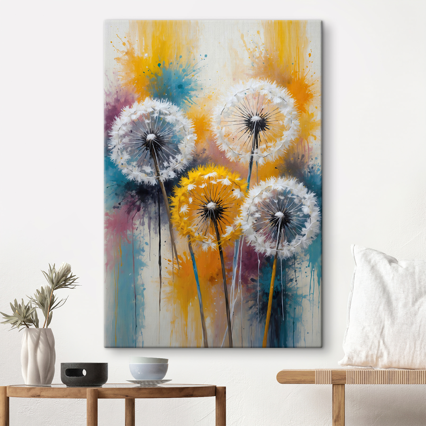 A group of dandelions with white seeds A group of dandelions with white seeds